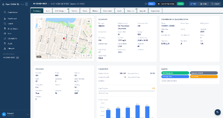 OpenCAMA IQ parcel dashboard: a Queens parcel showing the GIS map, location, ownership and classification, physical characteristics, valuation with cap progress, and alerts — all in one view.